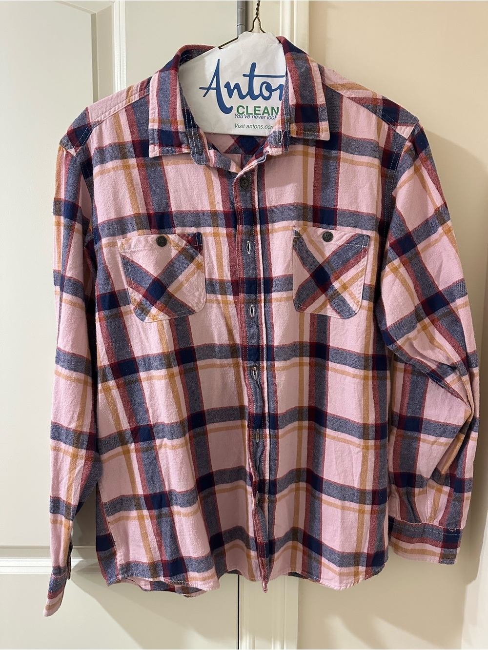 American Eagle Outfitters Pink and Navy Plaid Button-Down Shirt